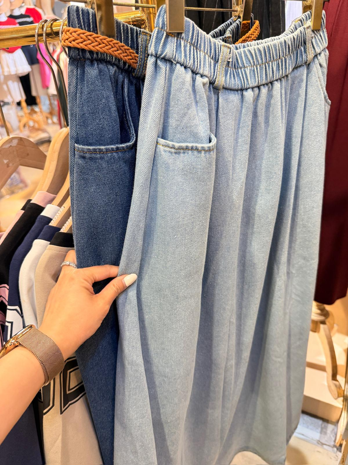 橡筋牛仔長裙連Belt(淺藍色)