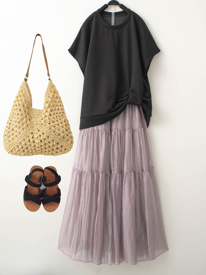 下擺扭結空氣棉短袖上衣透膚細褶紗裙組合