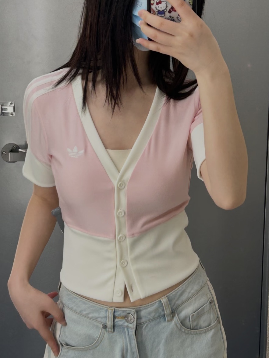 Adidas Originals Checked Shirt V領短版上衣 草莓牛奶