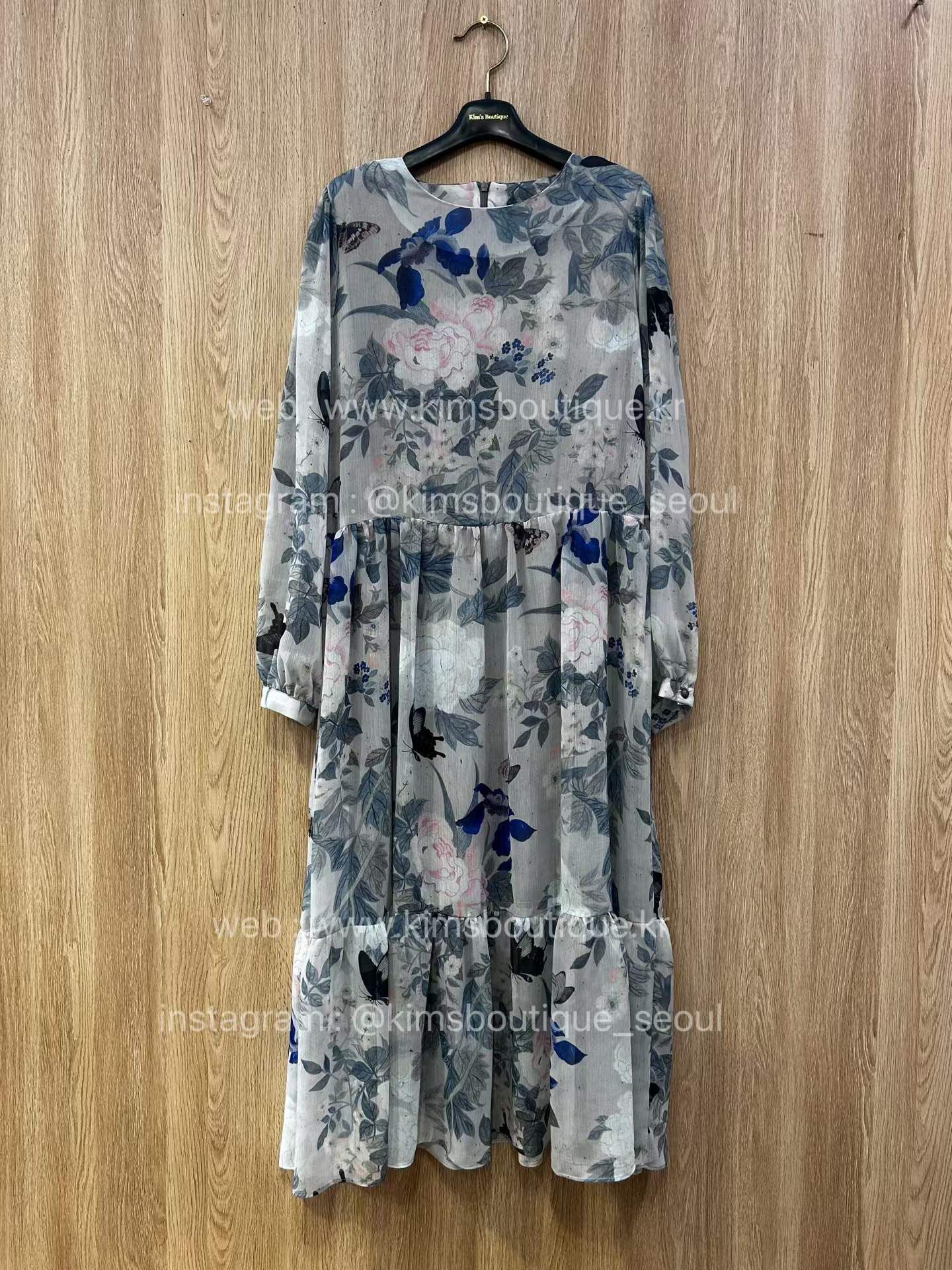 KM6004 蝴蝶花花圓領連身裙 *灰色*