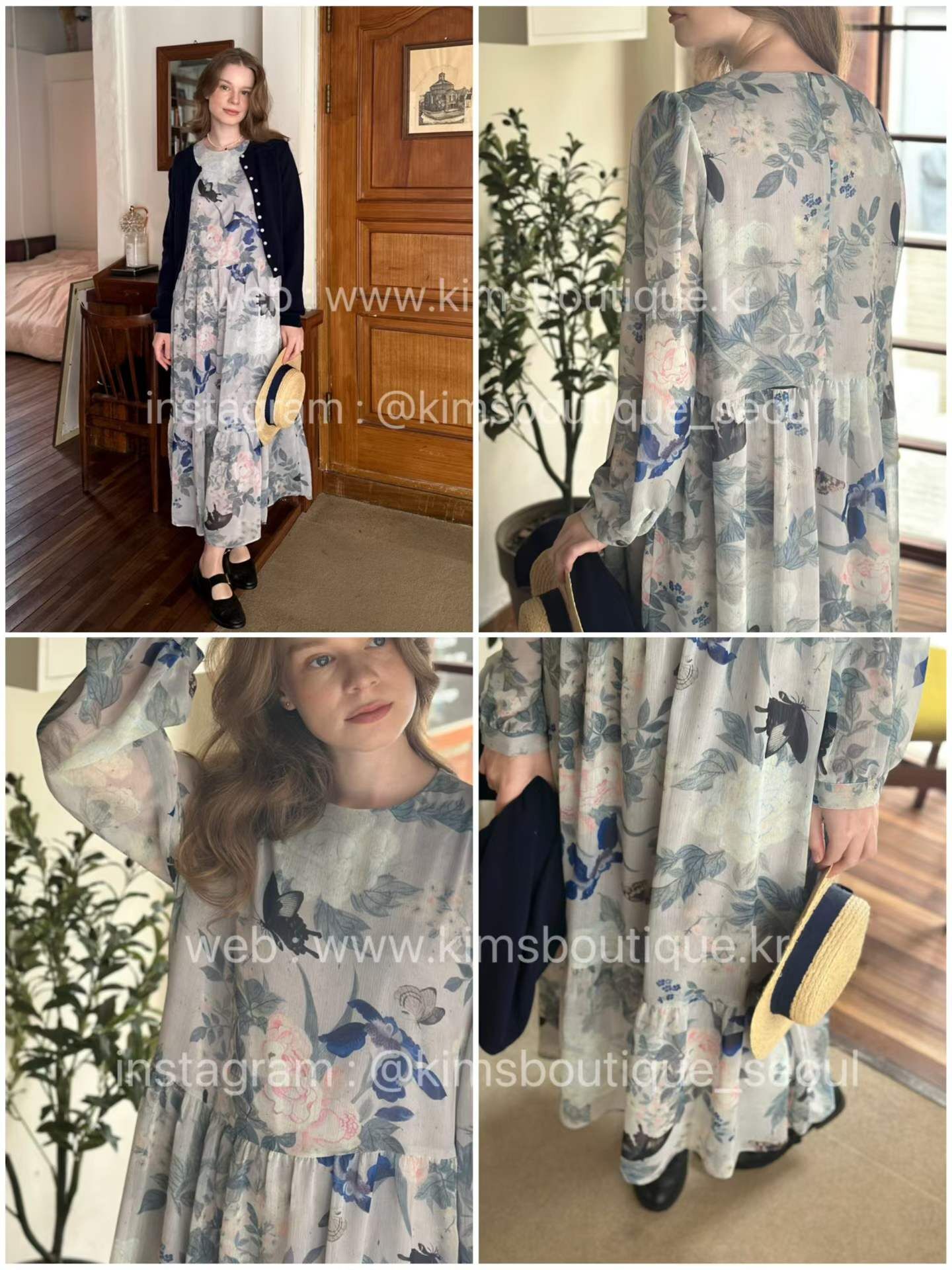 KM6004 蝴蝶花花圓領連身裙 *灰色*