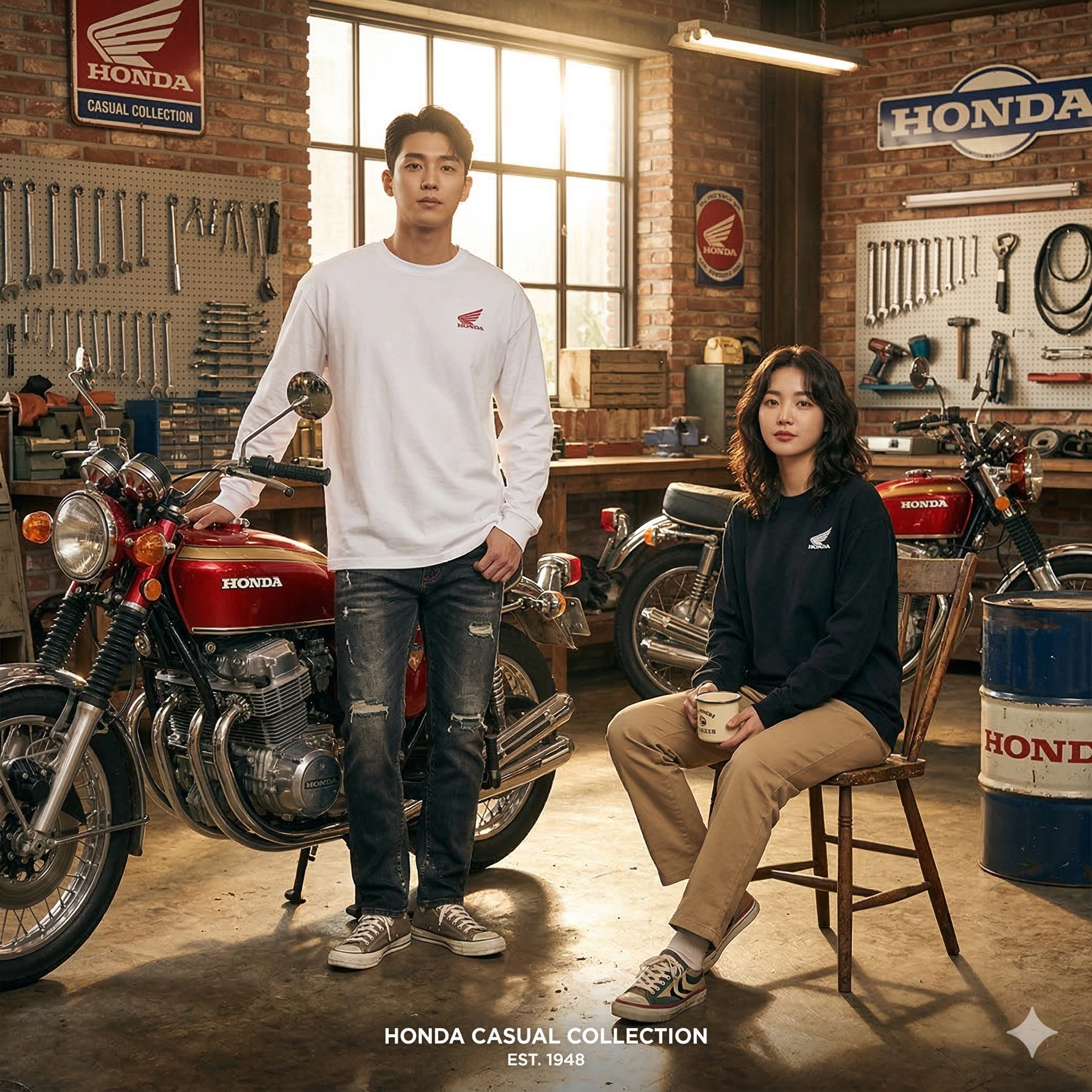 【預購】K031361 Honda  原創翅膀標誌長袖上衣（白 / 黑）[兩件裝]