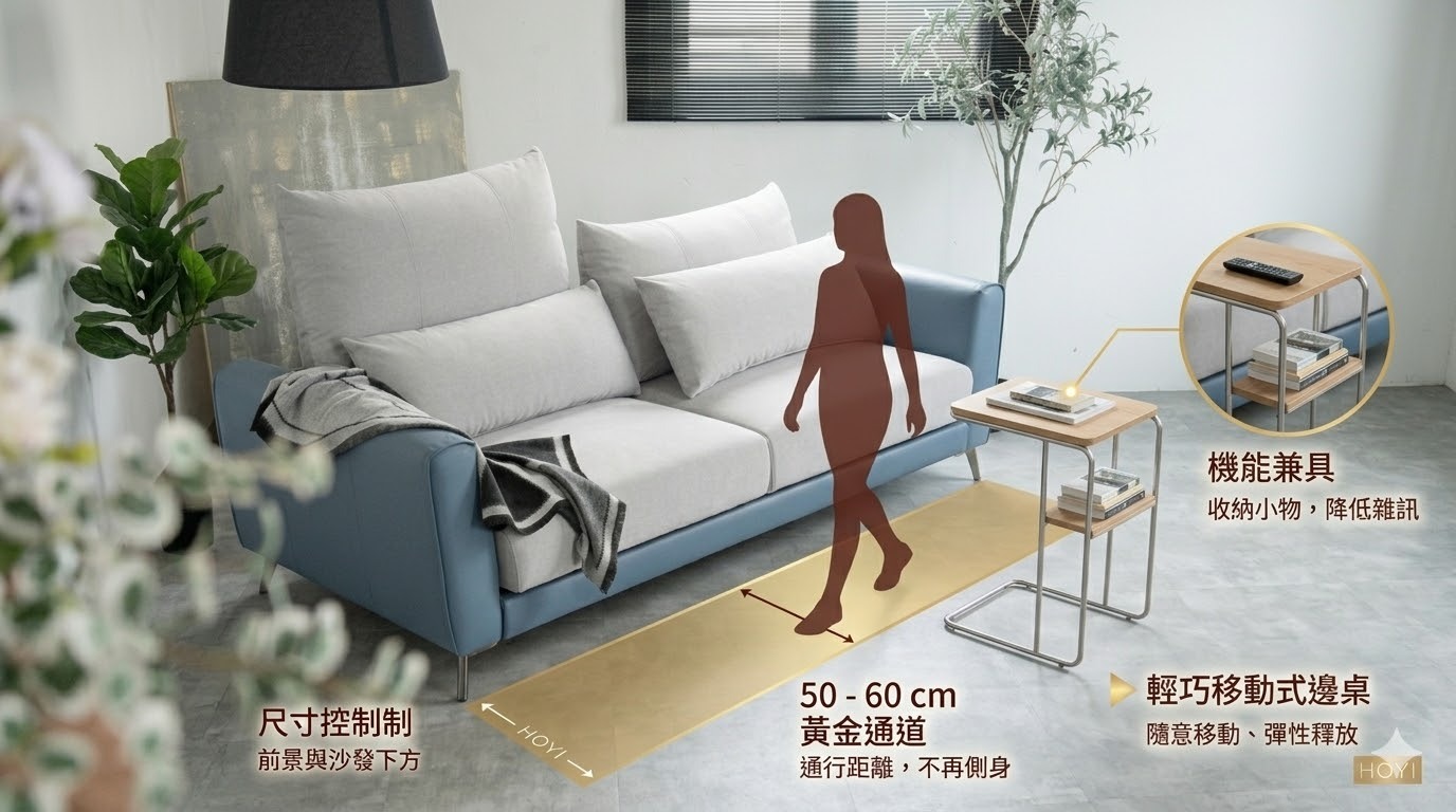 HOYI好寓客廳動線規劃圖，標示沙發前50-60cm黃金通道與可移動式輕巧邊桌