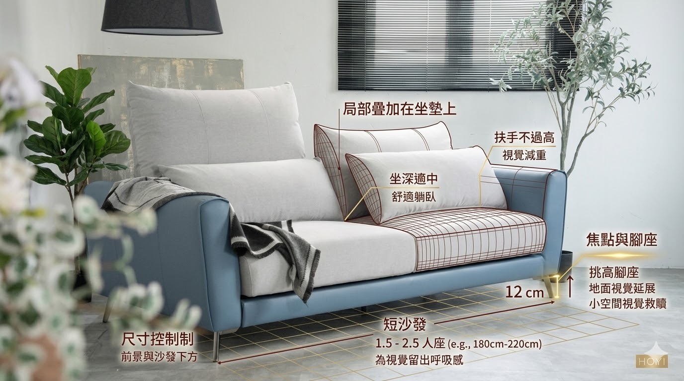 HOYI好寓小坪數客廳沙發配置示意圖，展示短沙發比例與柔軟抱枕搭配，營造視覺輕盈感