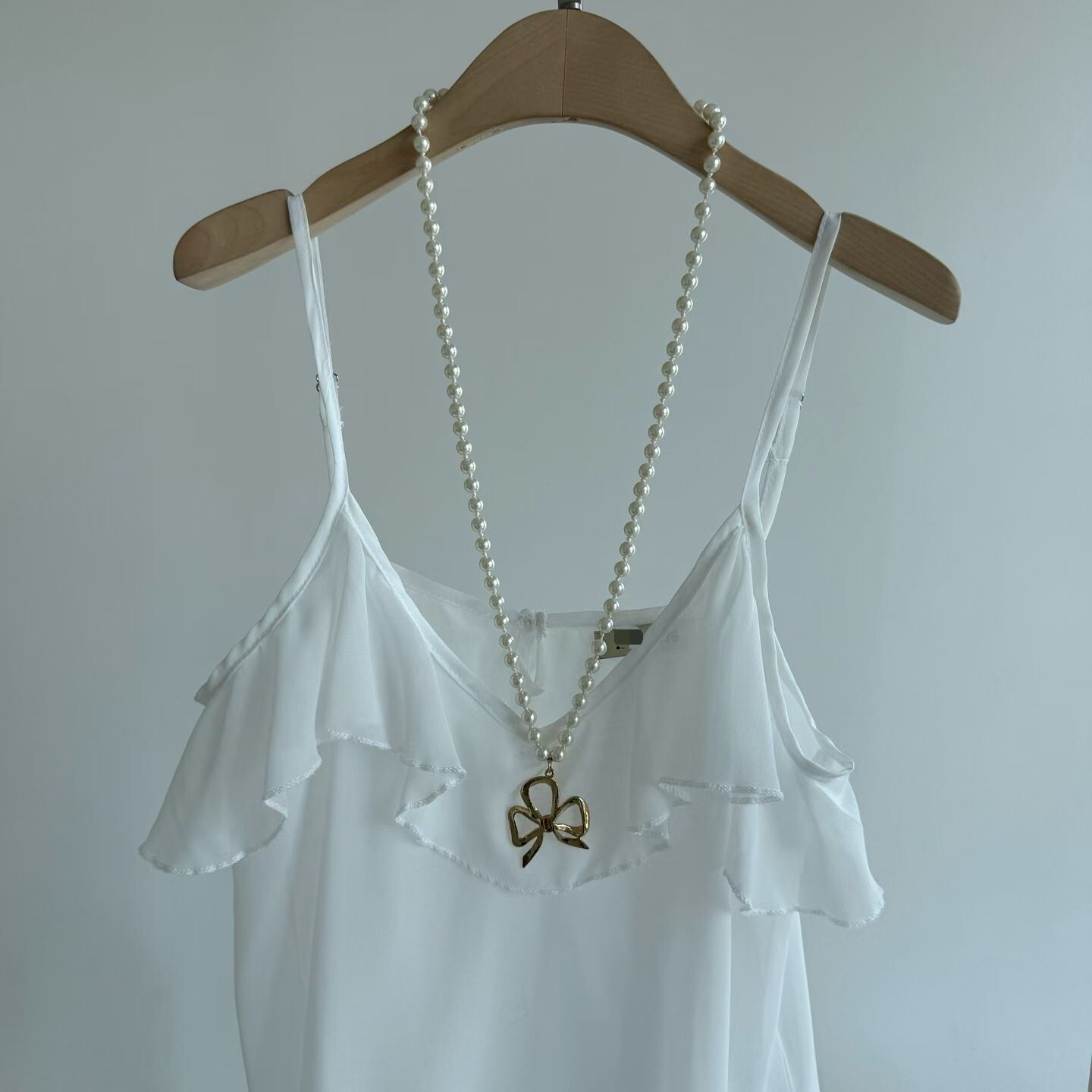 波浪斜下擺雪紡細帶洋