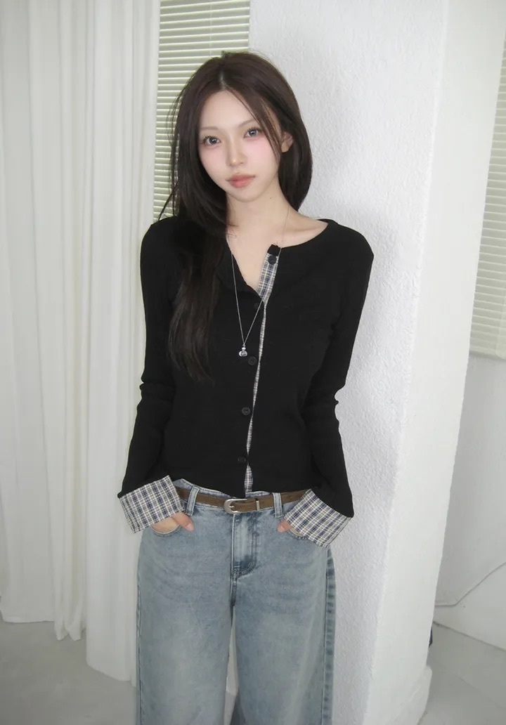 【優惠價現貨】韓國格紋袖口針織外套（2色）