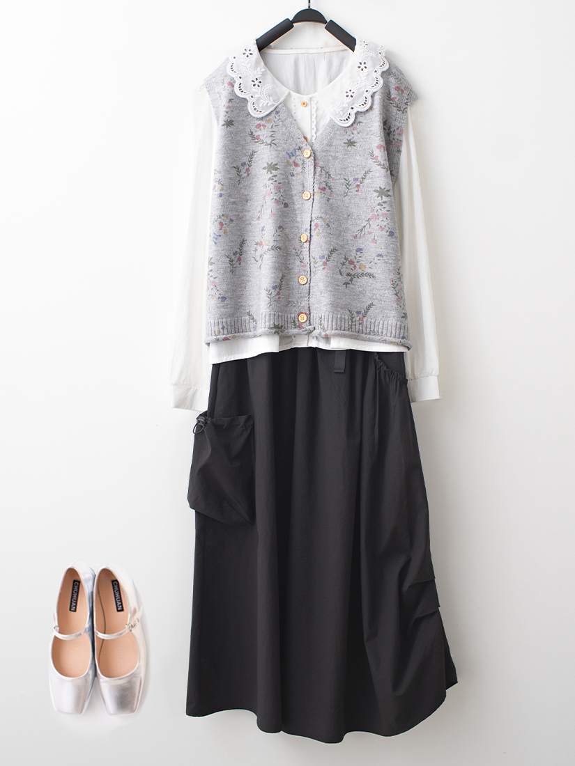開釦針織背心繡花領壓褶襯衫側抓褶A 字長裙組合