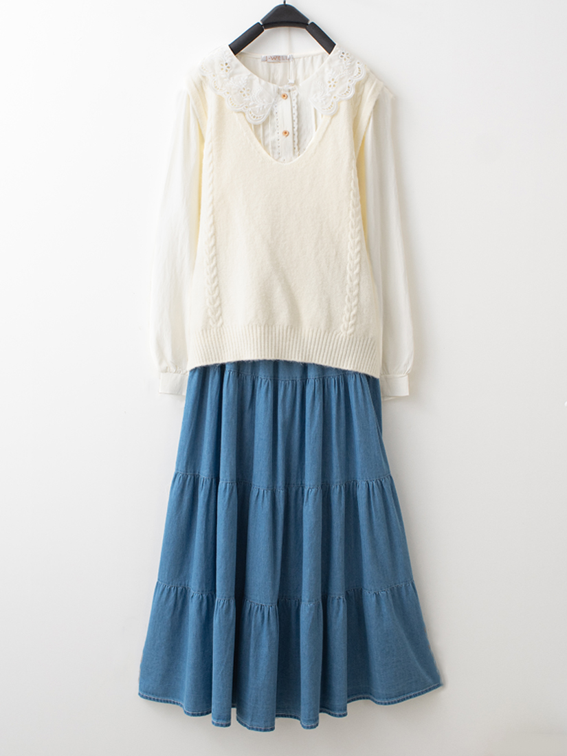 開衩針織背心繡花領壓褶襯衫蛋糕牛仔長裙組合