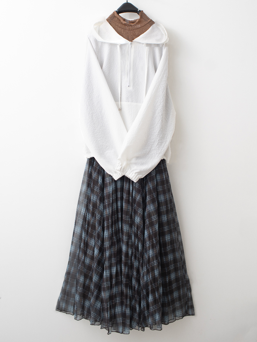 半開襟連帽上衣透膚立領上衣格紋百褶網紗長裙組合