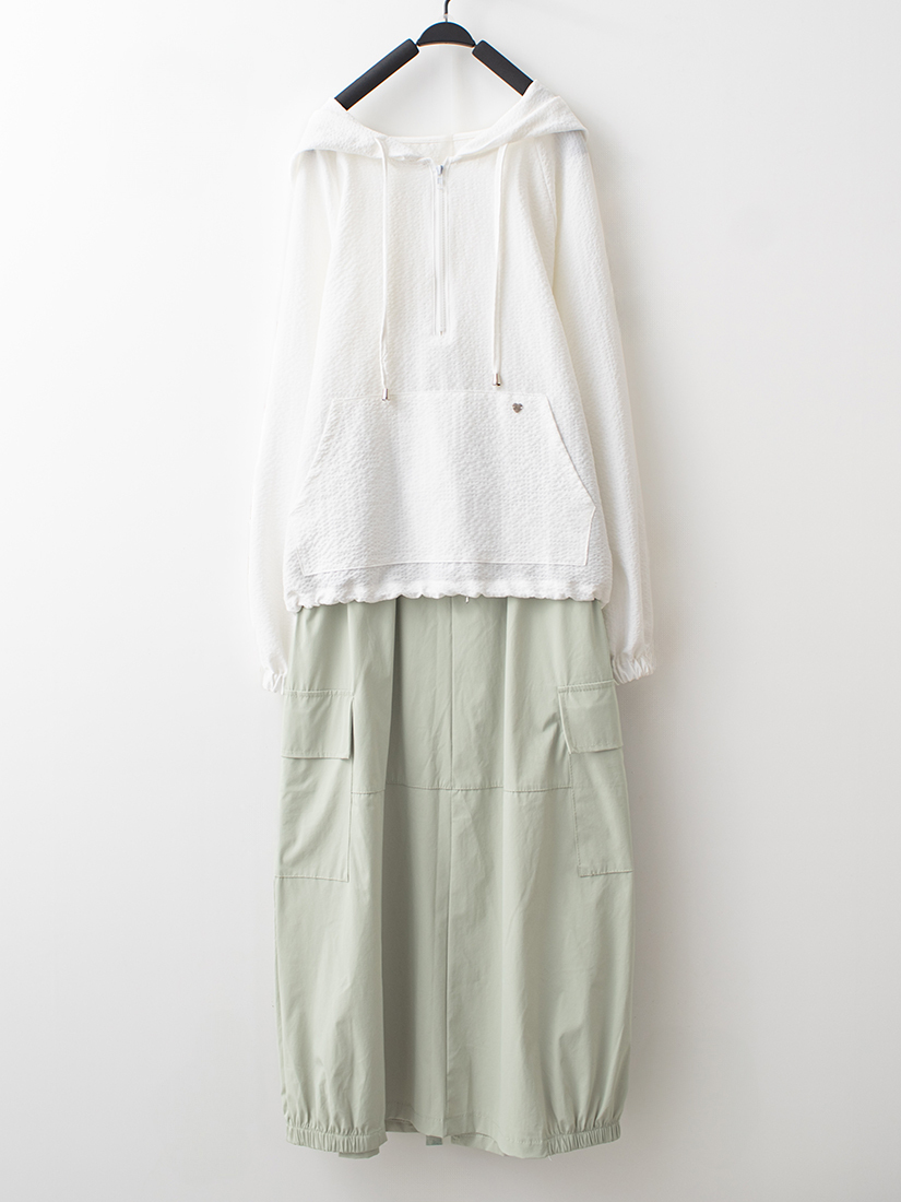 半開襟連帽上衣鬆緊工裝口袋花苞開衩長裙組合