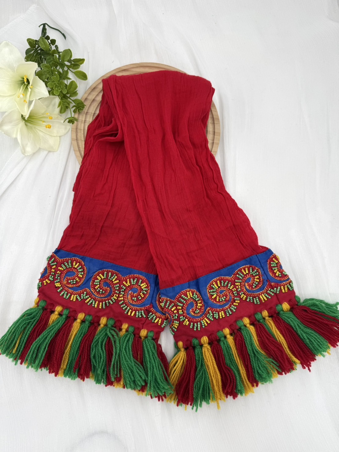 No.20紅棉紗布電繡頭巾.面寬約17全長含流蘇220