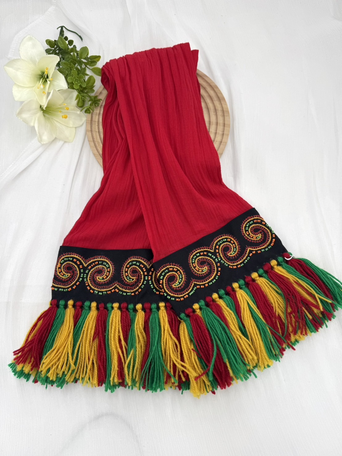 No.10紅棉紗布電繡頭巾.面寬約17全長含流蘇220