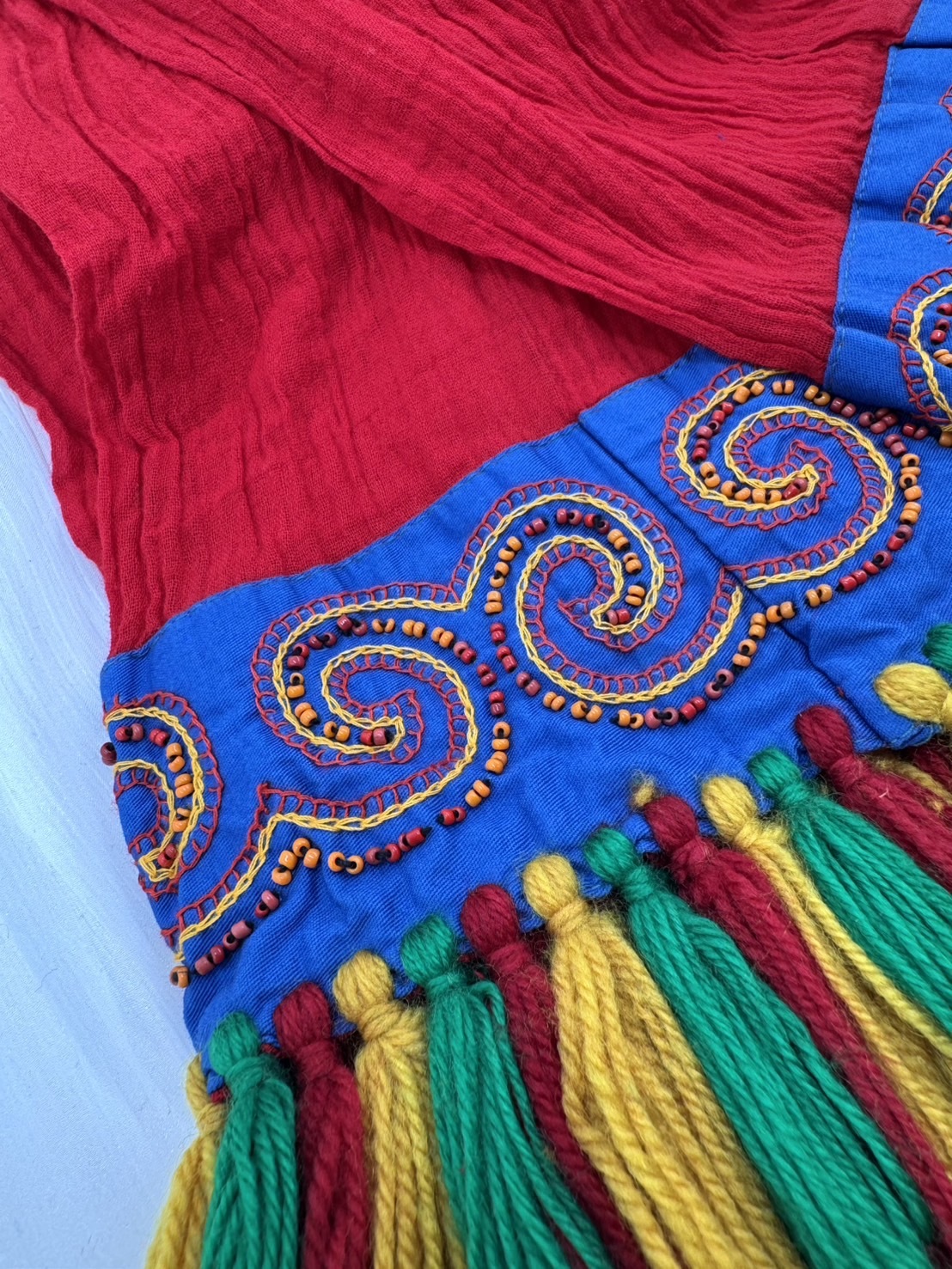 No.12紅棉紗布珠繡頭巾.面寬17全長含流蘇220