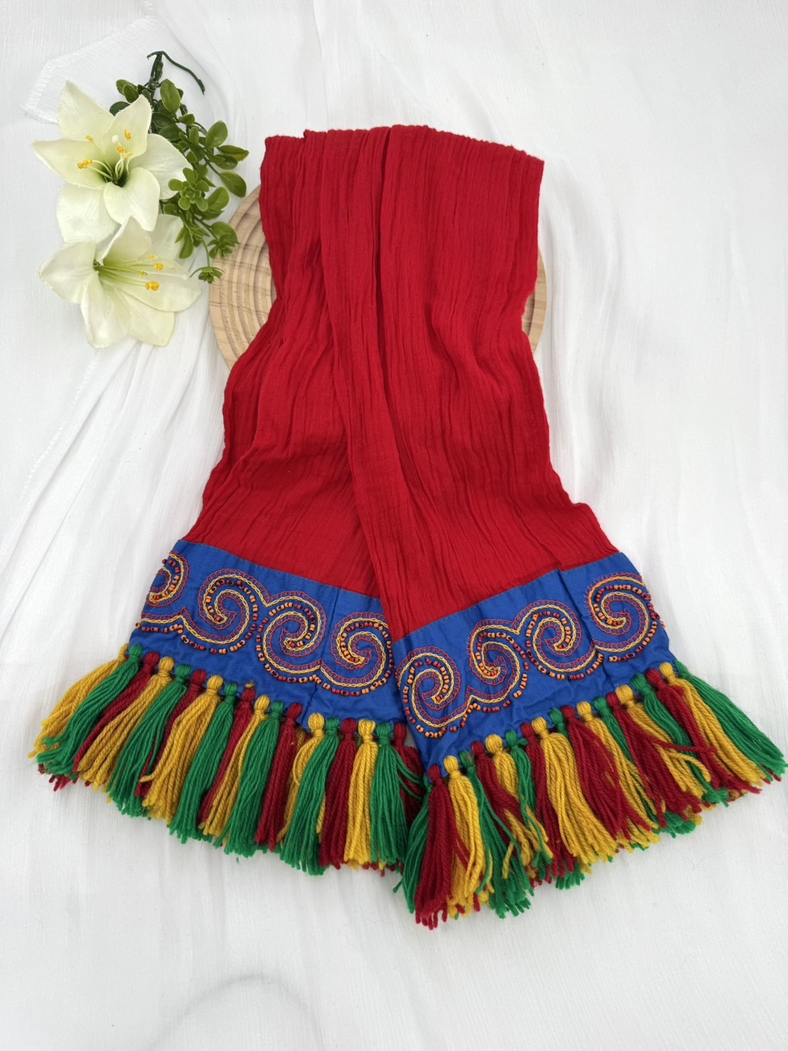 No.12紅棉紗布珠繡頭巾.面寬17全長含流蘇220