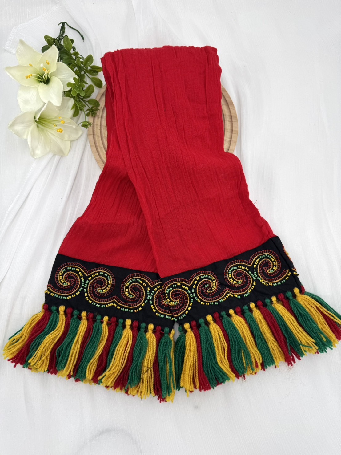 No.17紅棉紗布電繡頭巾.面寬約17全長含流蘇220