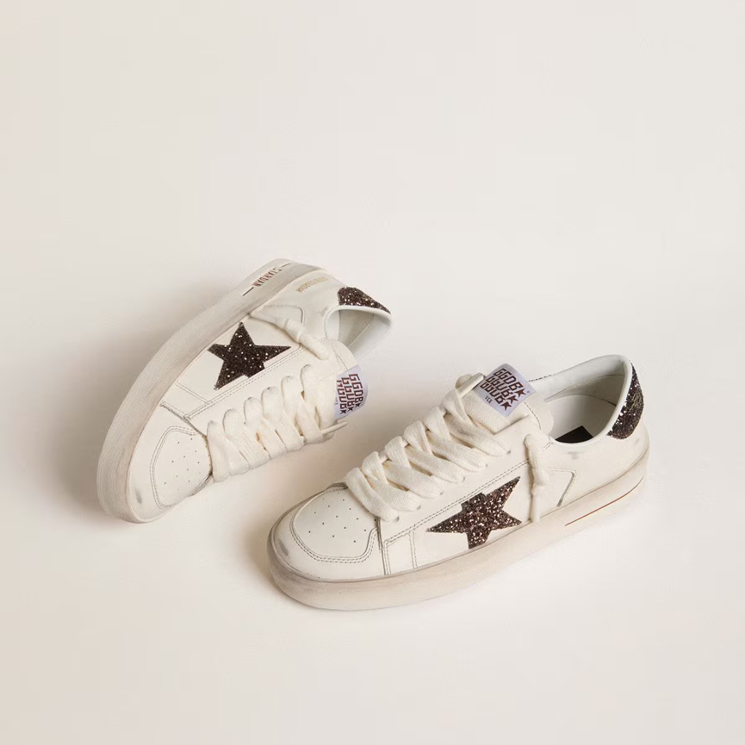 1FF0101-555 [GOLDEN GOOSE] Women'S Stardan In White Leather With Brown Glitter Star And Heel Tab  (SS26) #GWF00128.F007939.10318 (S-EU-E)