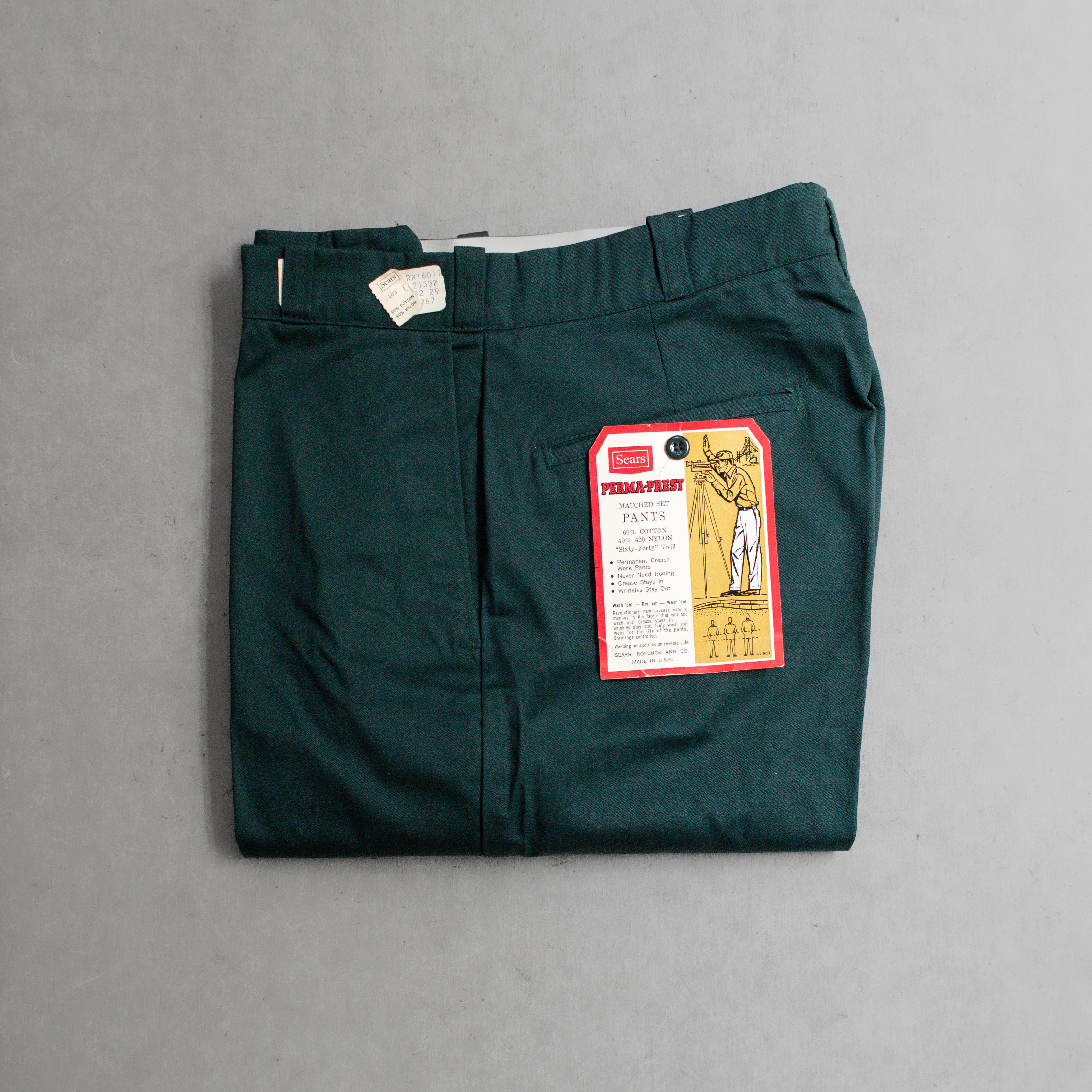 70S NOS SEARS WORK PANTS 美國製 庫存新品 墨綠 直筒 工作褲 長褲