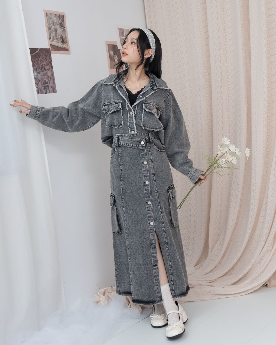 不對稱設計排釦工裝水洗長裙