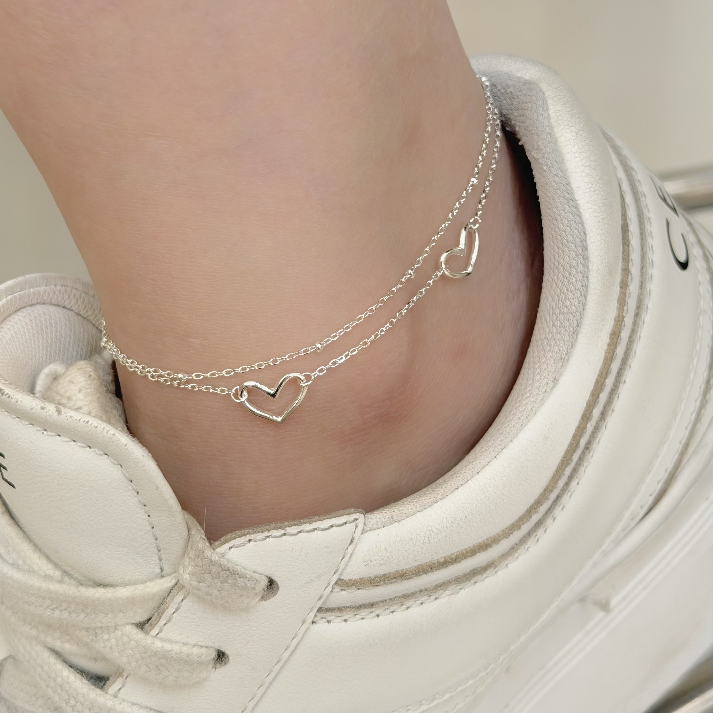 H132【腳鍊】心跳．愛心雙層純銀腳鍊