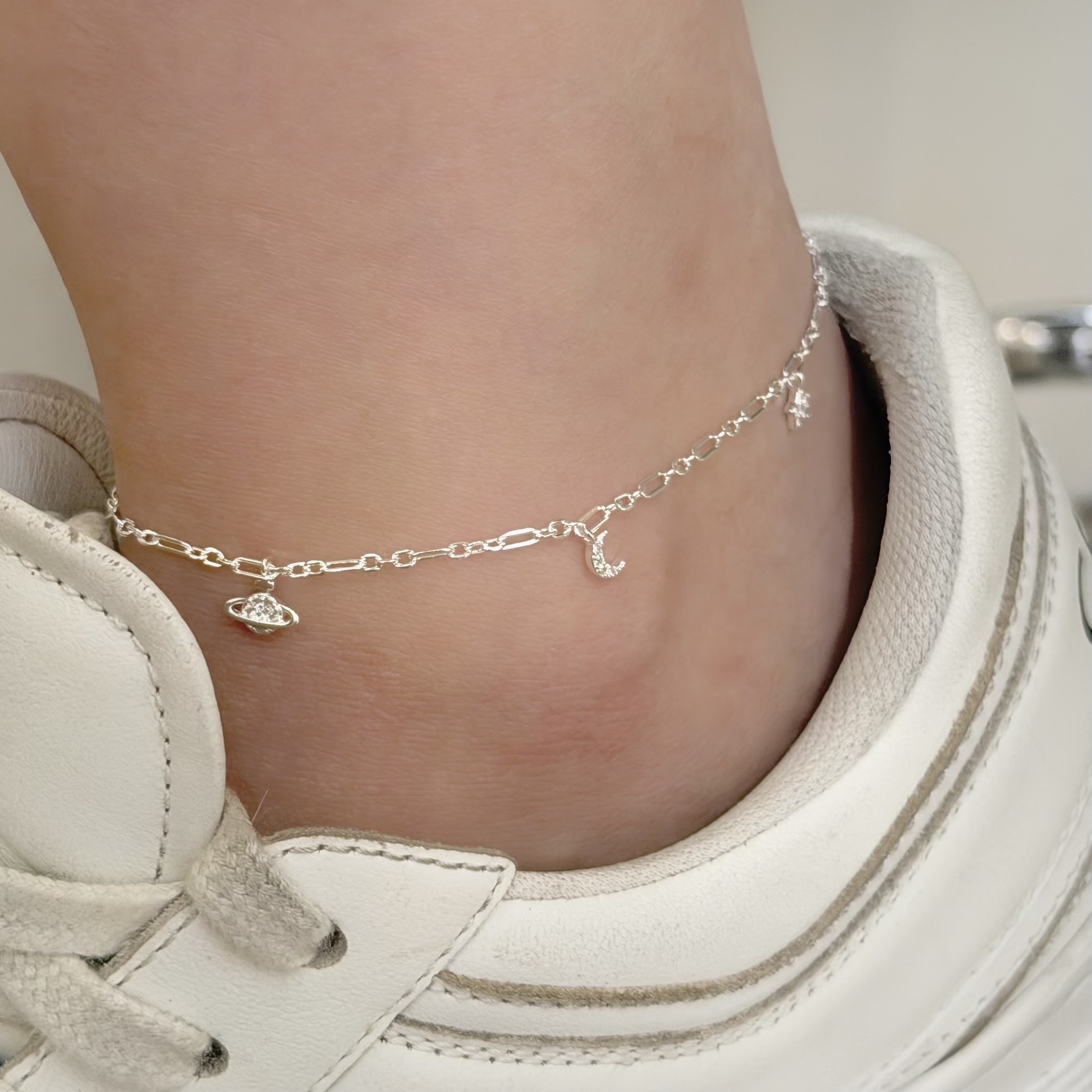 C265星球月亮垂吊純銀腳鏈