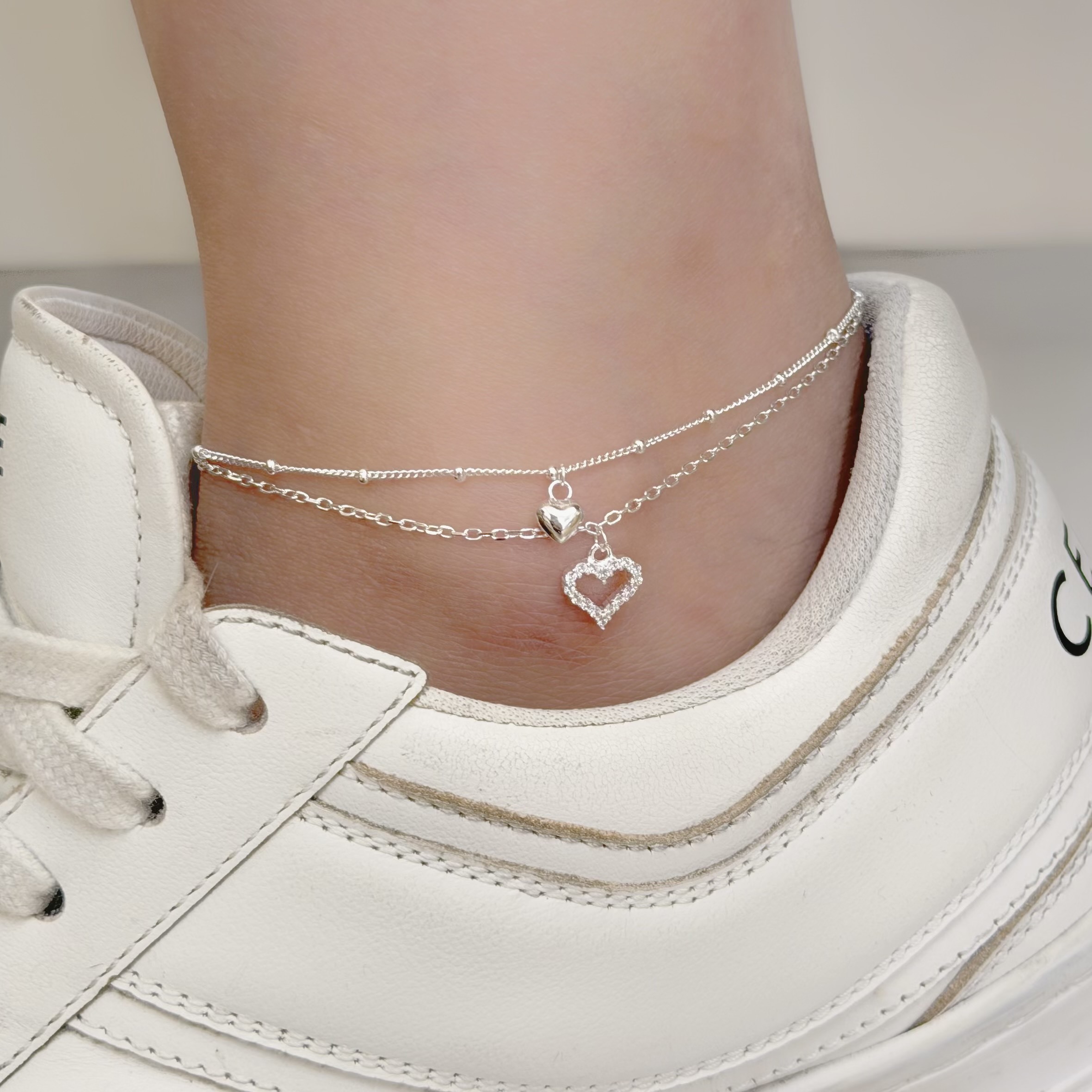 C266排鑽雙愛心雙層純銀腳鏈