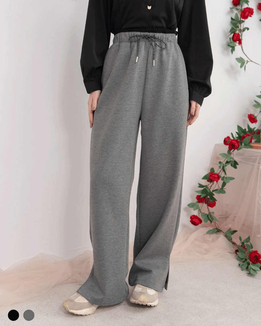 撞色雙腰頭側開衩抽繩長褲