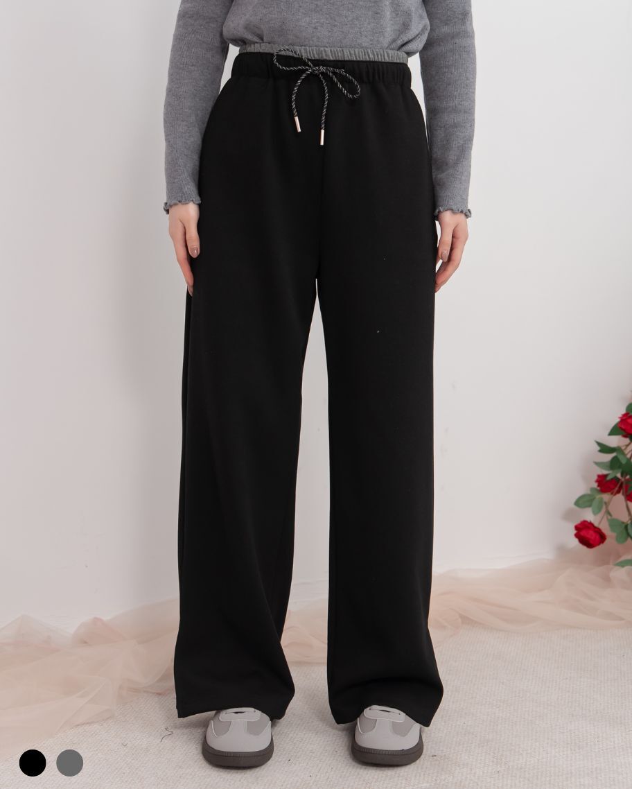 撞色雙腰頭側開衩抽繩長褲