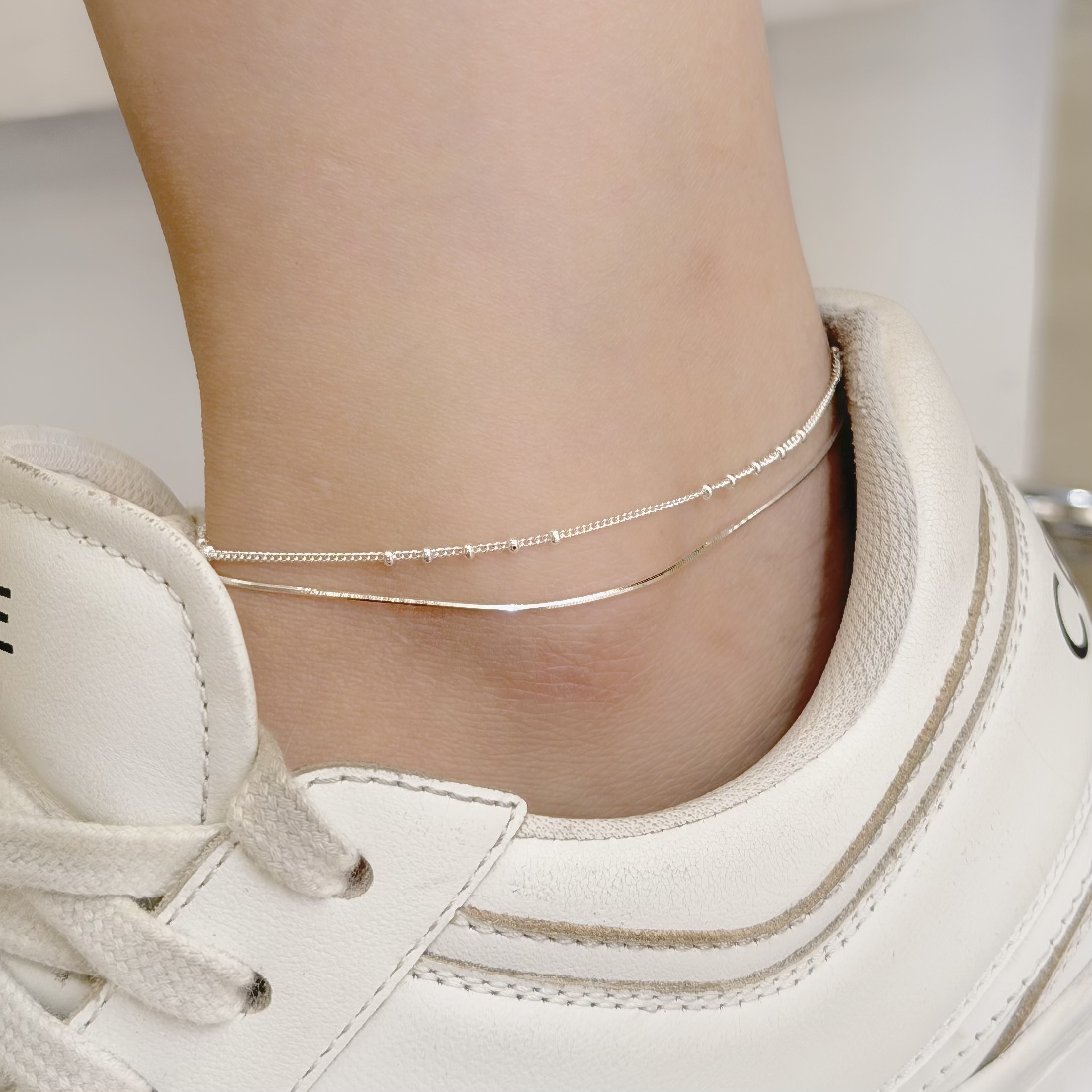 H135圓珠蛇骨雙層純銀腳鍊