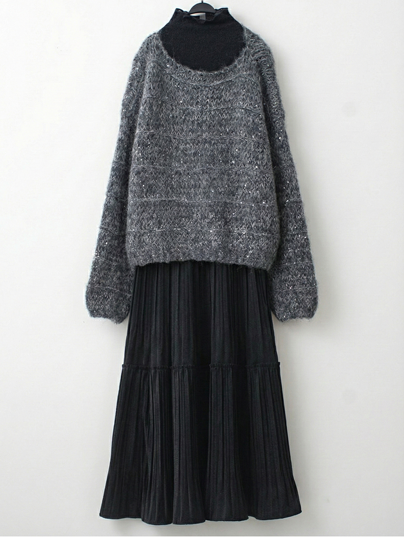 混色亮片紗毛衣蕾絲紋理立領內搭紋理印花剪接壓褶絨裙組合