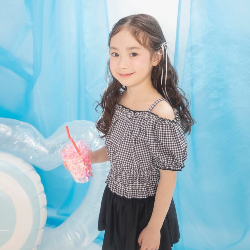 日本 90-150 泡泡袖小露肩泳衣套裝 3色