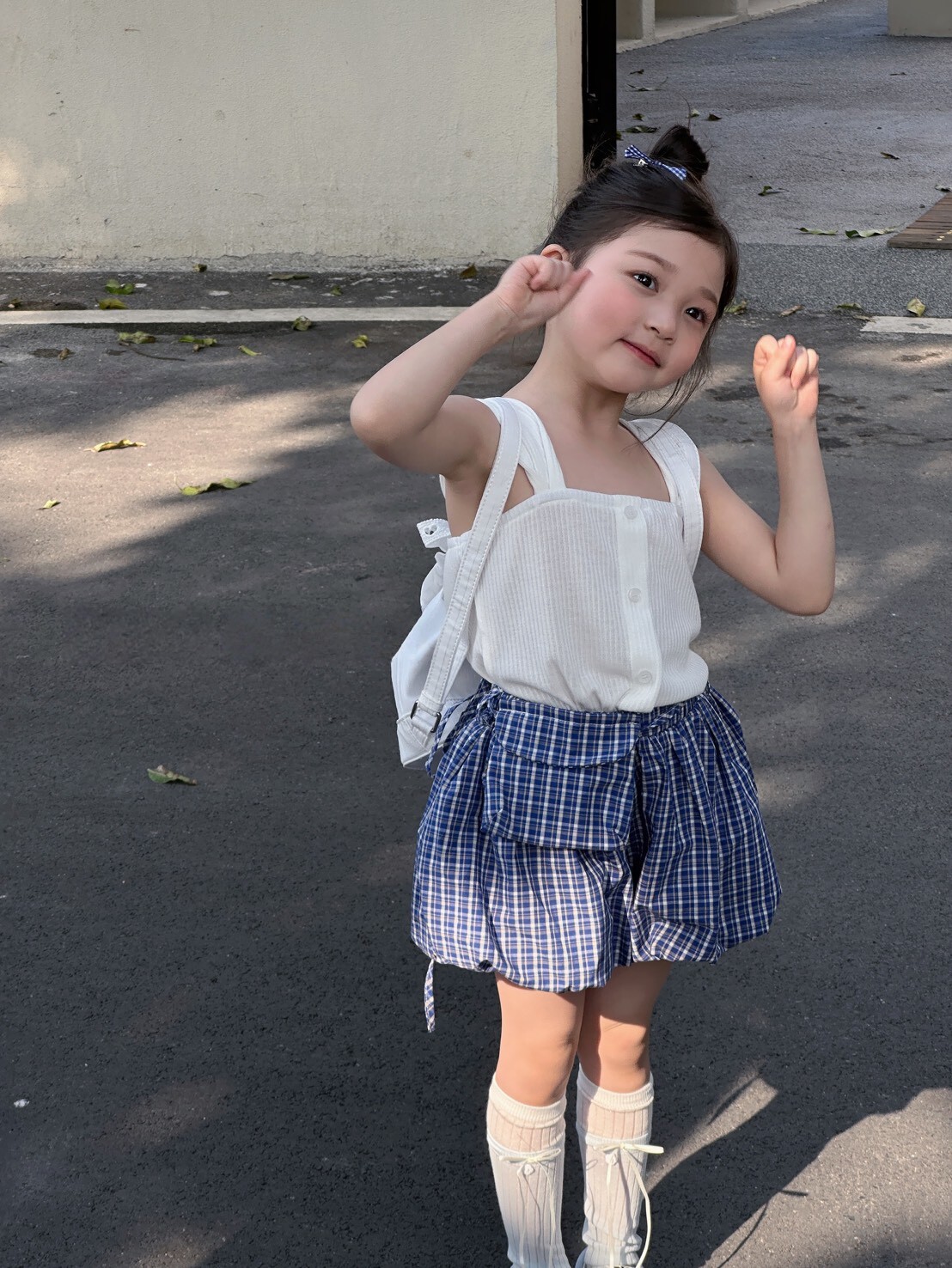 夏日藍格褲裙附腰包