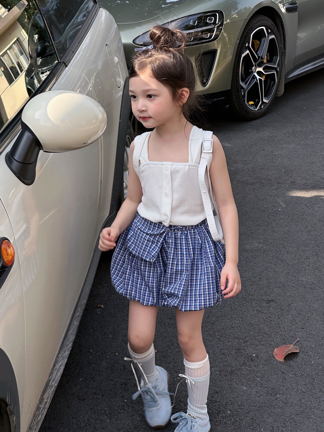 夏日藍格褲裙附腰包