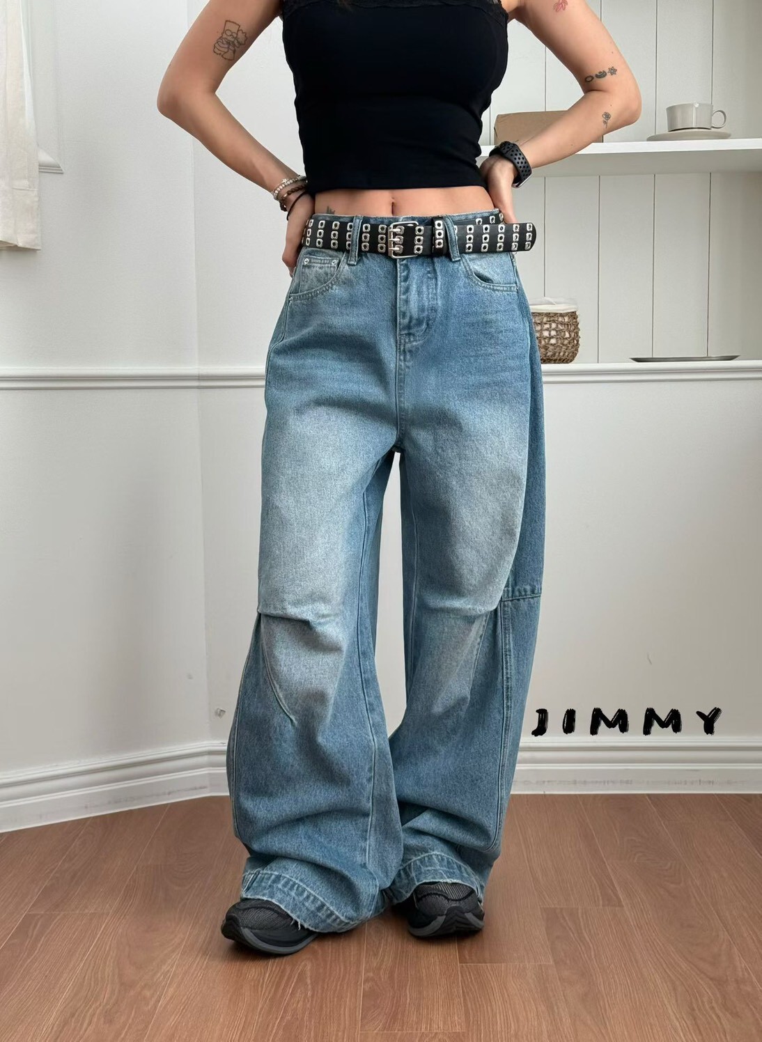 #AF133個性造型皺褶牛仔褲