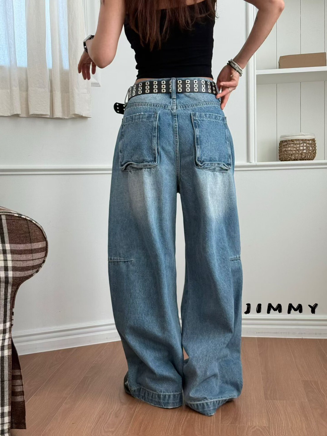 #AF133個性造型皺褶牛仔褲