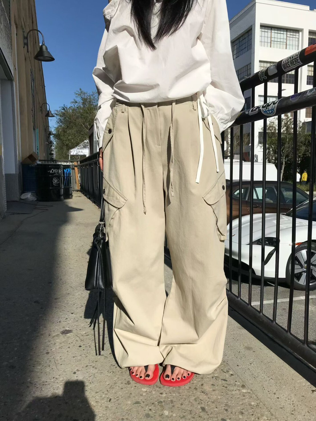 #AF134口袋抽皺休閒工裝褲(深藍/杏)