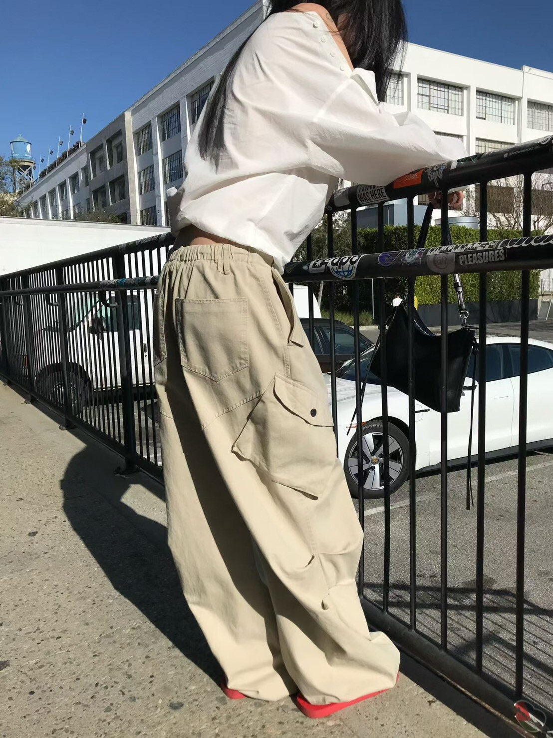 #AF134口袋抽皺休閒工裝褲(深藍/杏)