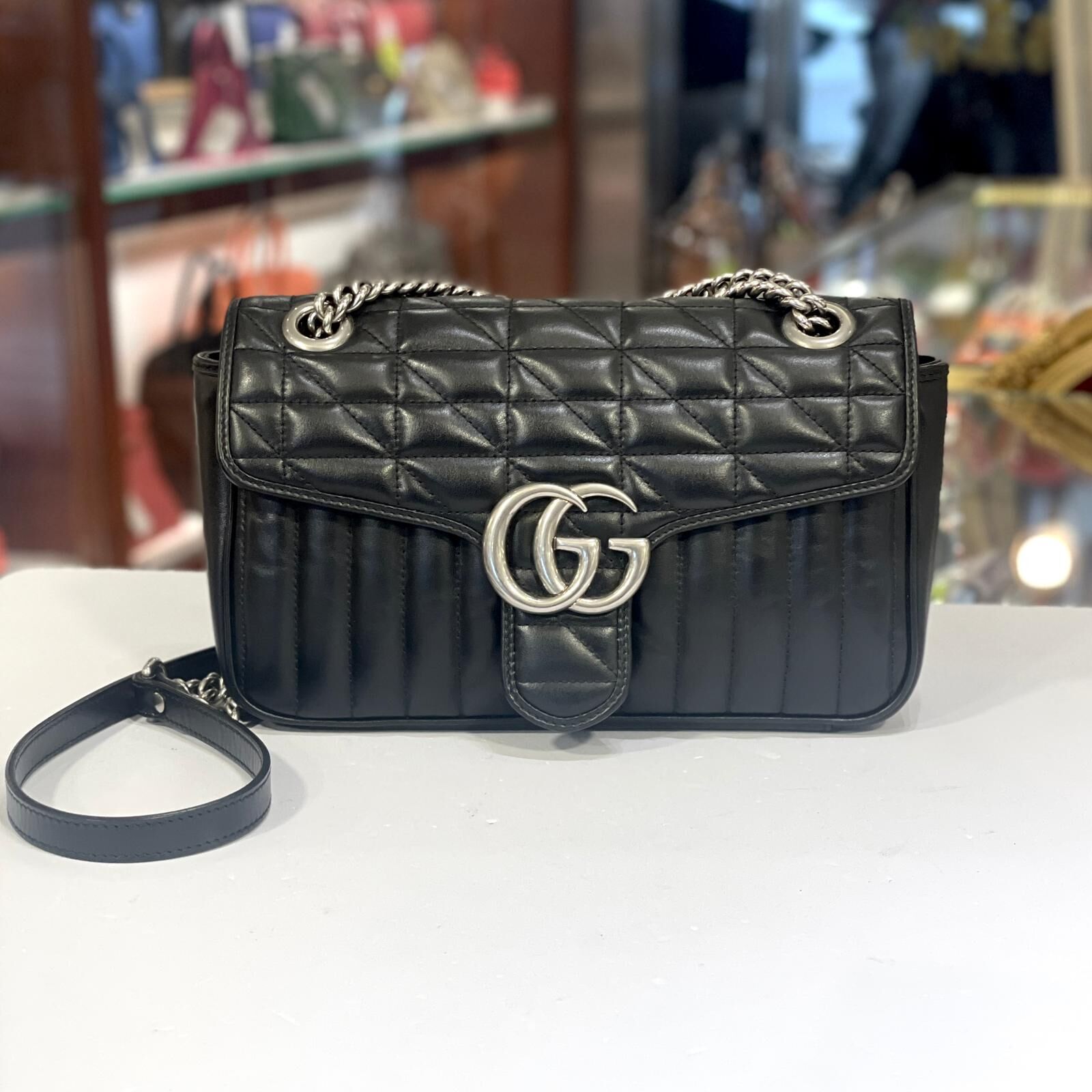 98%NEW 二手 GUCCI Marmont Aria 斜揹包 牛皮雙G銀扣 443497  #香榭站正品