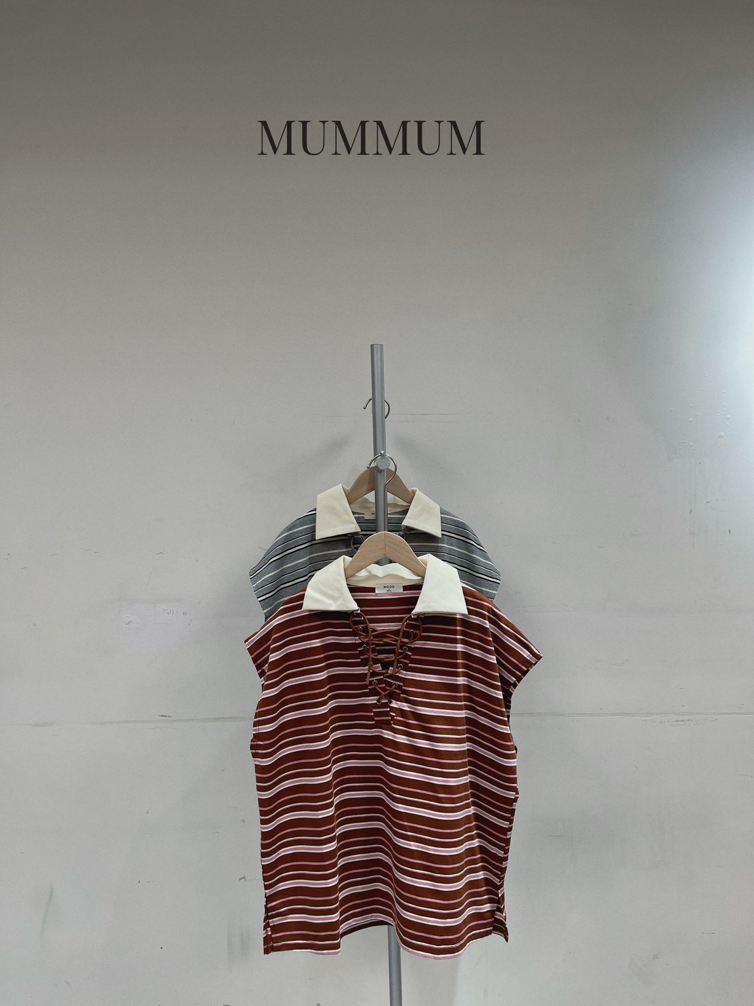 0213190a/有趣綁繩鞋帶間條短袖 48/48/24.5