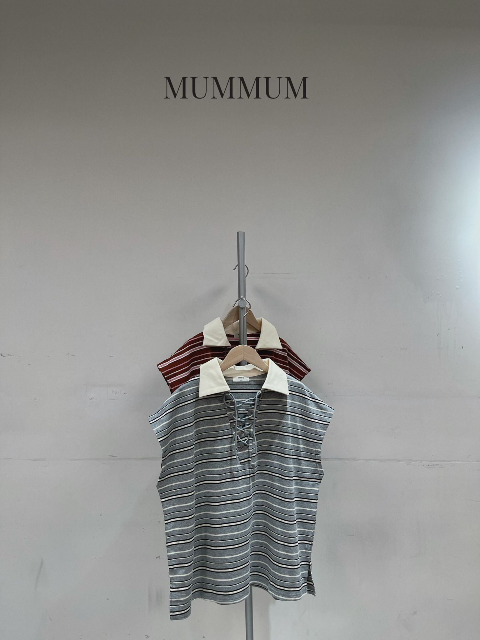 0213190a/有趣綁繩鞋帶間條短袖 48/48/24.5