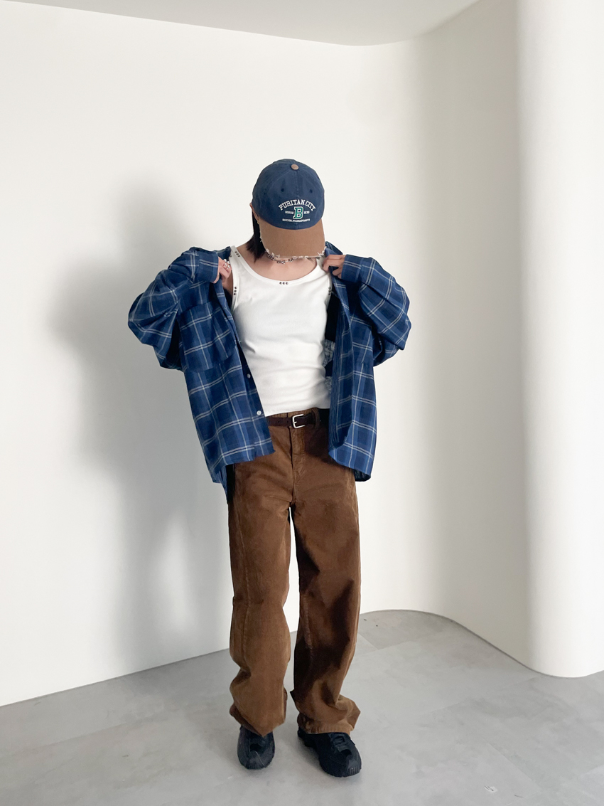 (UNISEX) blue soft loose plaid shirt