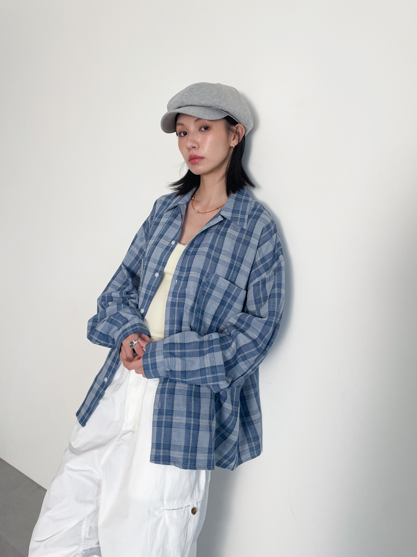 (UNISEX) blue soft loose plaid shirt