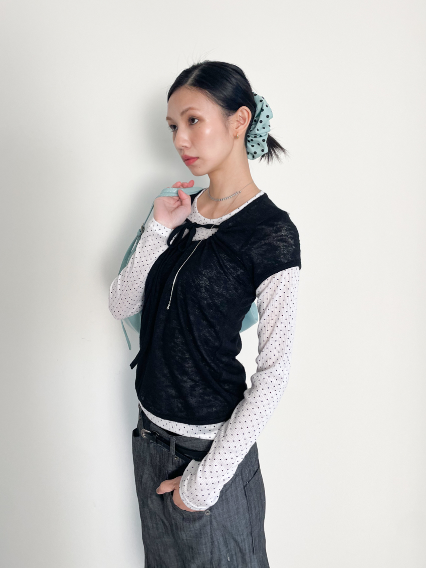 dotted long sleeve & tie-front short sleeve set