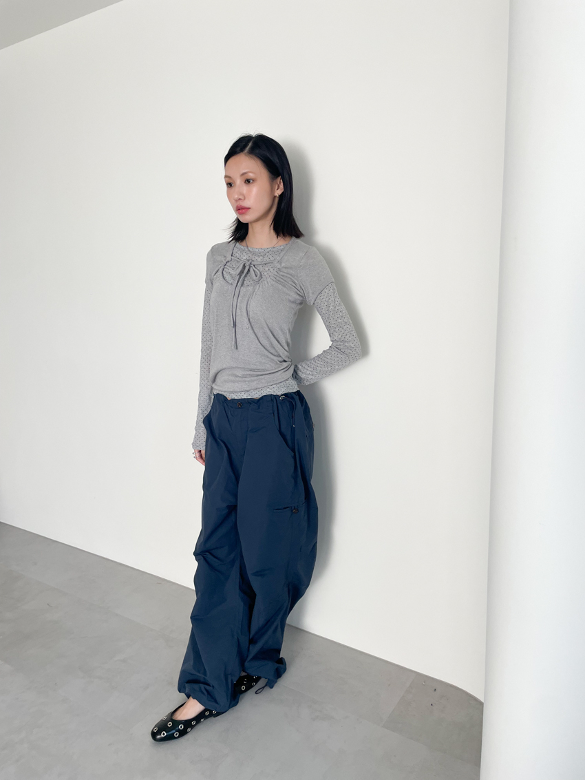 dotted long sleeve & tie-front short sleeve set