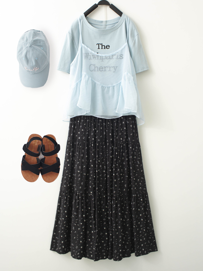 透紗背心兩件式上衣碎花層次細褶長裙組合