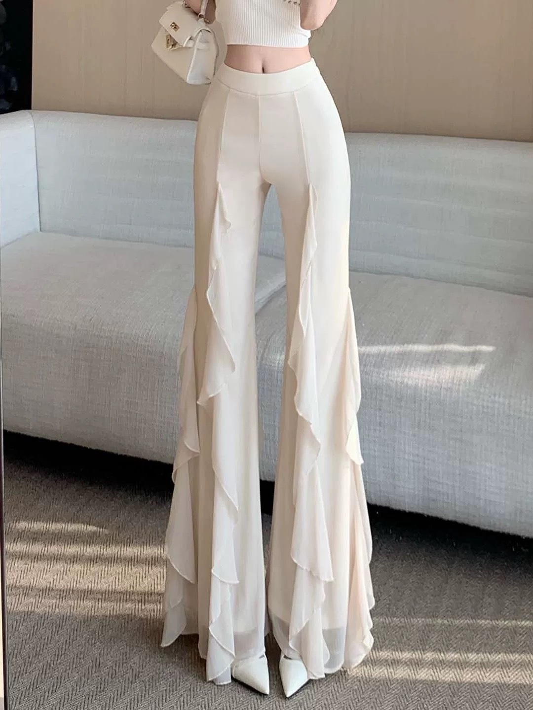 設計師家垂墜雪紡後鬆緊長褲