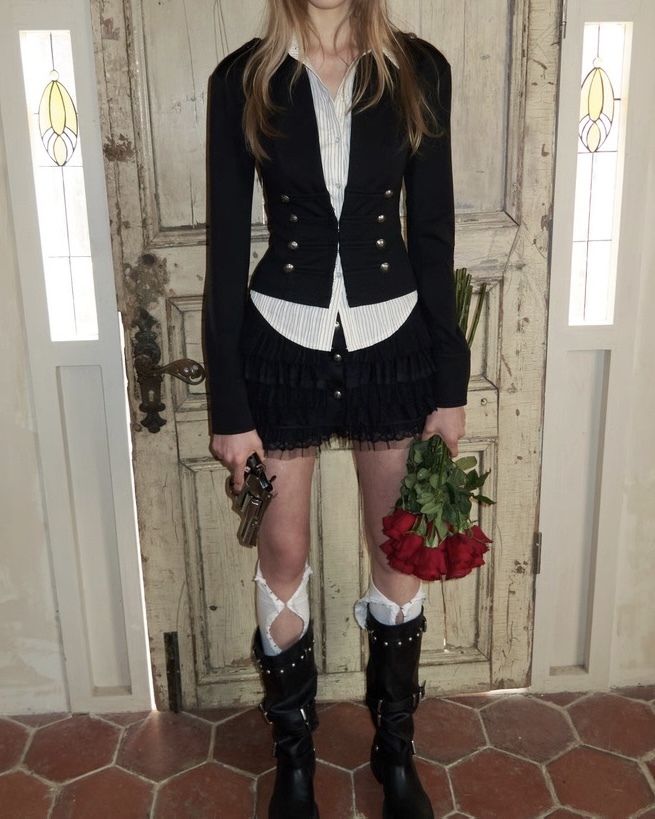 設計師家拼接雙排釦針織假兩件上衣