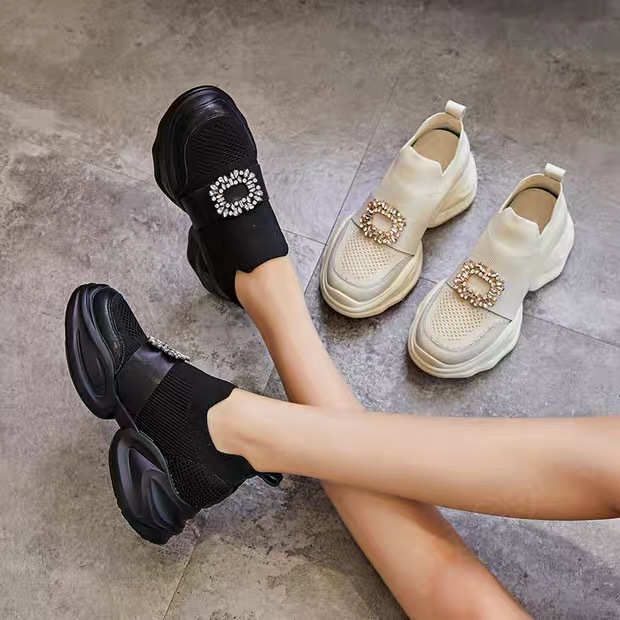 設計師家真皮拼接網針織內增高方釦休閒鞋