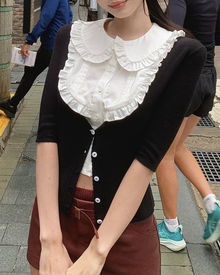 設計師家無袖娃娃領襯衫+大圓領針織外套