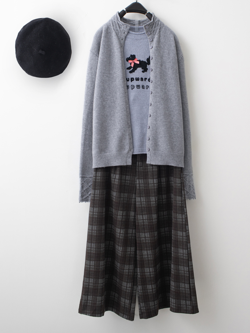 鏤空蕾絲針織外套捲邊針織毛衣格紋毛料寬褲組合