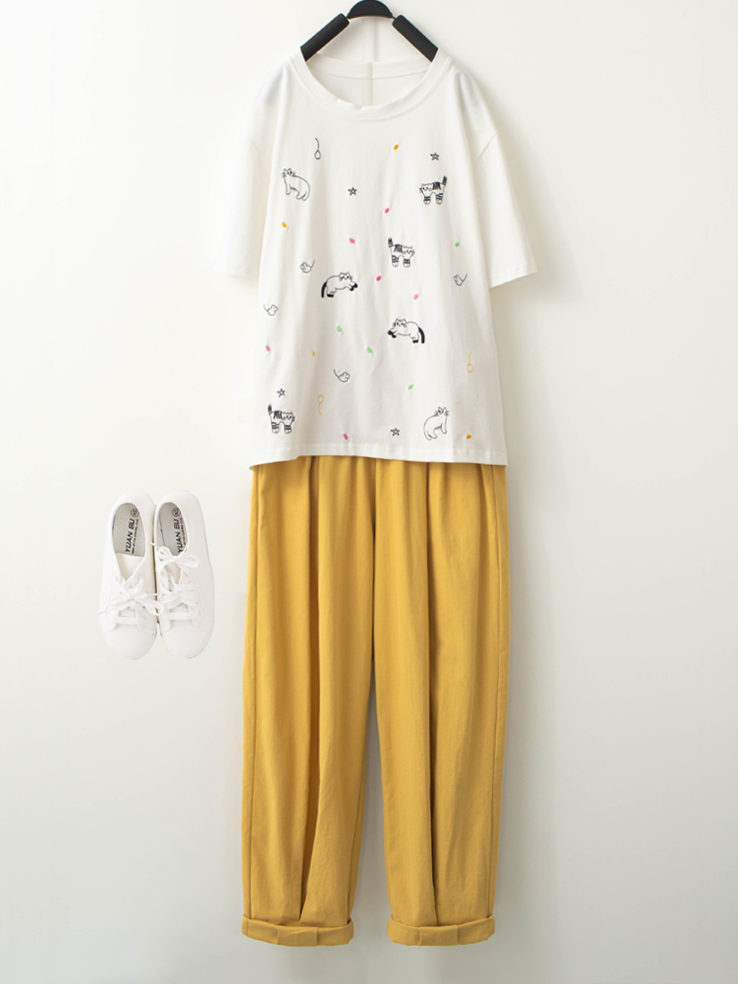 貓咪刺繡上衣格紋織紋打褶綁帶錐形褲組合